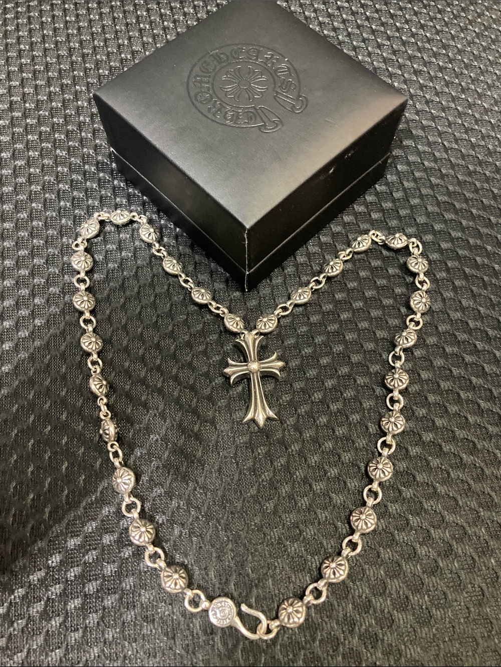 Sterling Silver Cross Pendant Necklace - Silver Floral Link Chain